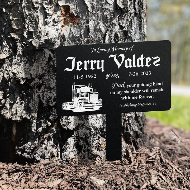 Custom Memorial Semi Truck Plaque with Stake, Sturdy Metal Garden Marker, Memorial Semi Truck Sign, Remembrance Plaque, Tree Plaque Marker