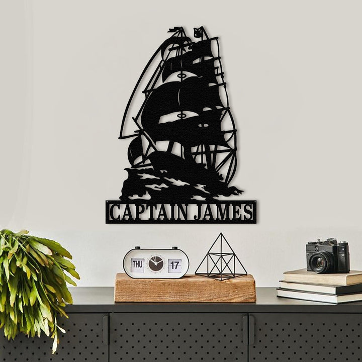 Personalized Pirate Ship Metal Sign – Custom Captain Name Metal Wall Art for Nautical Bathroom, Beach House, or Coastal Room Decor