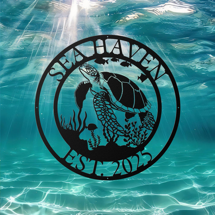 Turtle Name Sign – Sea Turtle Metal Sign, Personalized Beach House Decor, Ocean Wall Art, Coastal Turtle Sign for Home or Vacation Rental