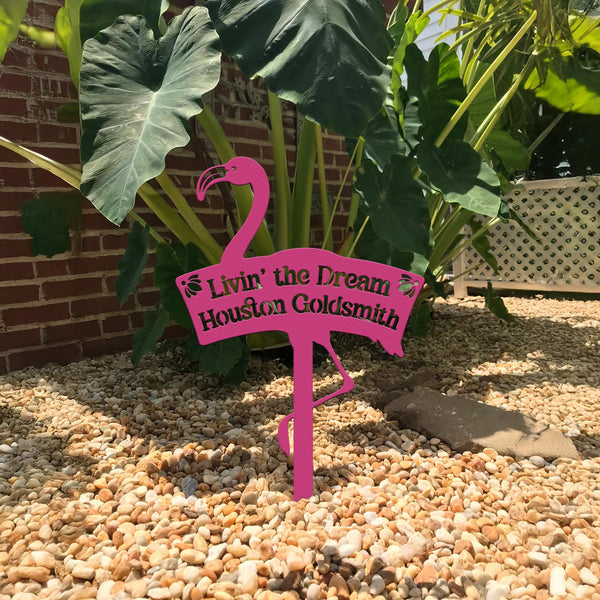 Personalized Flamingo Metal Sign – Custom Tropical Garden Stake, Livin’ the Dream Yard Decor, Flamingo Pool Sign or Beach House Gift