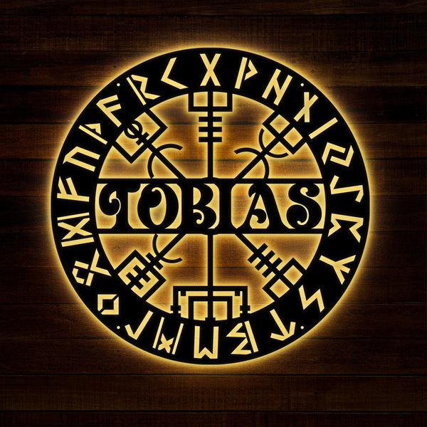 Personalized Viking Metal Sign with LED Light – Custom Vegvisir Name Wall Art, Norse Compass Decor, Gift for Dad, Son, or Husband’s Room