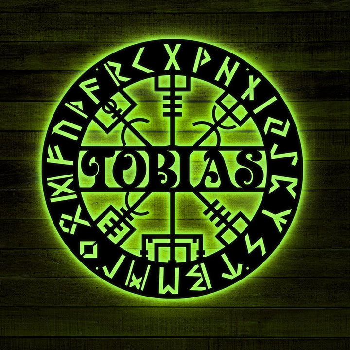 Personalized Viking Metal Sign with LED Light – Custom Vegvisir Name Wall Art, Norse Compass Decor, Gift for Dad, Son, or Husband’s Room
