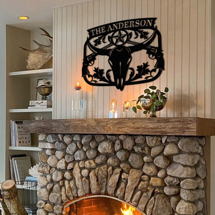 Texas Longhorn Monogram Metal Sign – Custom Cowboy Skull Wall Art with Name, Western Ranch Decor, Outdoor Fireplace or Man Cave Sign