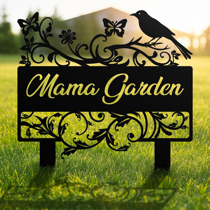 Custom Garden Name Sign, Personalized Flower Garden Decor, Metal Bird Garden Sign, Lawn Sign with Stake, Butterfly Garden Decor, Home Gift