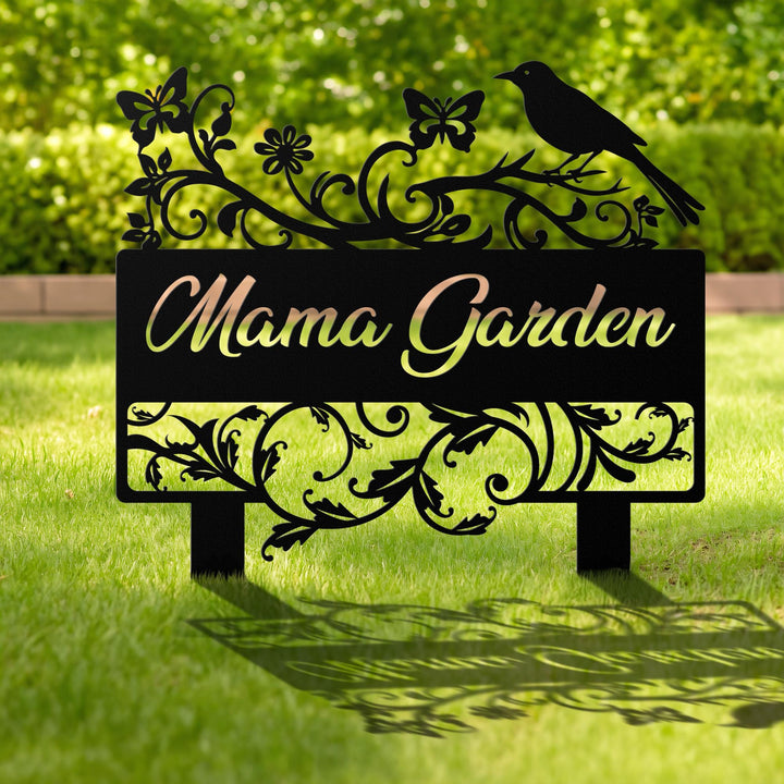 Custom Garden Name Sign, Personalized Flower Garden Decor, Metal Bird Garden Sign, Lawn Sign with Stake, Butterfly Garden Decor, Home Gift