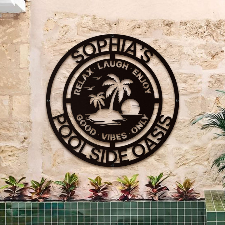Decorative Pool Metal Sign, Personalized Family Poolside Hanging Decor Exterior Laser Cut Metal Wall Art Beach House Patio Steel Outdoor