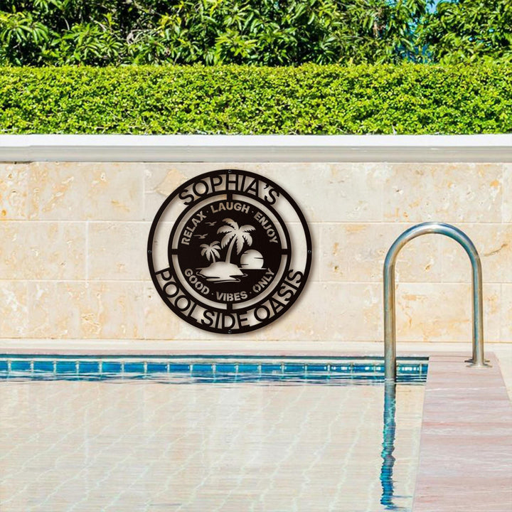 Decorative Pool Metal Sign, Personalized Family Poolside Hanging Decor Exterior Laser Cut Metal Wall Art Beach House Patio Steel Outdoor