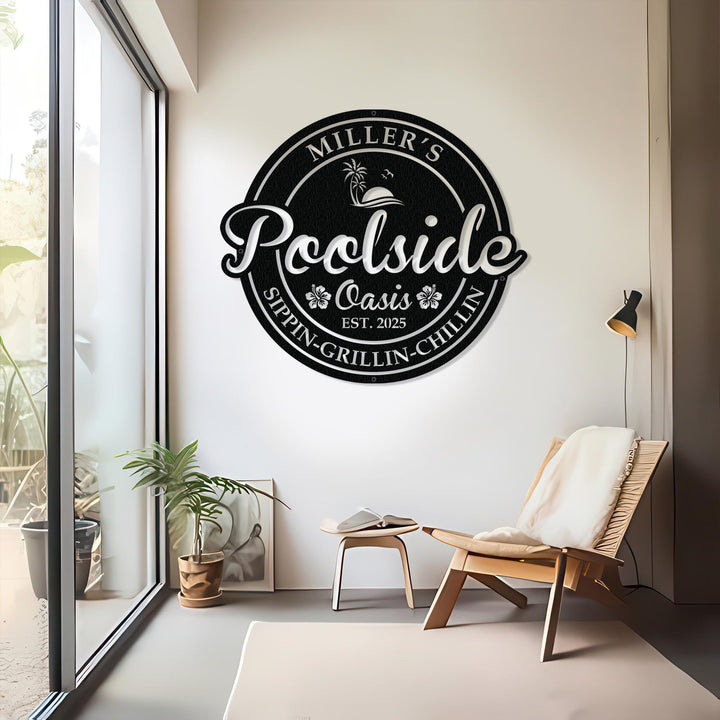 Custom Poolside Oasis Sign, Personalized Poolside Metal Sign, Custom Poolside Sign, Family Bar and Grill Sign Outdoor, Custom Beach Decor