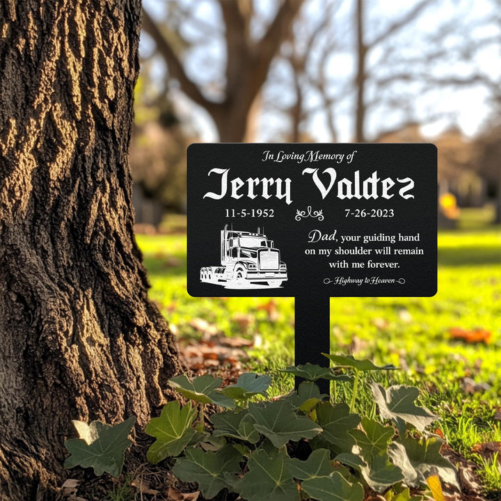Custom Memorial Semi Truck Plaque with Stake, Sturdy Metal Garden Marker, Memorial Semi Truck Sign, Remembrance Plaque, Tree Plaque Marker