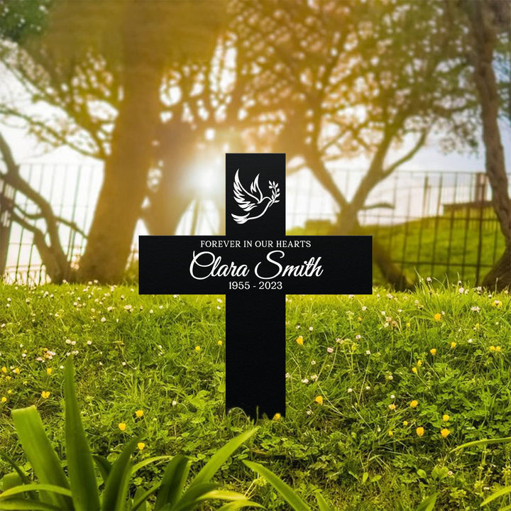 Personalized Memorial Cross Metal, Forever in Our Hearts, Loss of Loved One Condolence Gift, Custom Grave Marker, Custom Memorial Stake