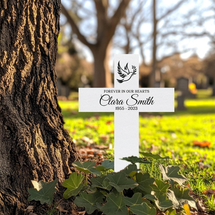 Personalized Memorial Cross Metal, Forever in Our Hearts, Loss of Loved One Condolence Gift, Custom Grave Marker, Custom Memorial Stake