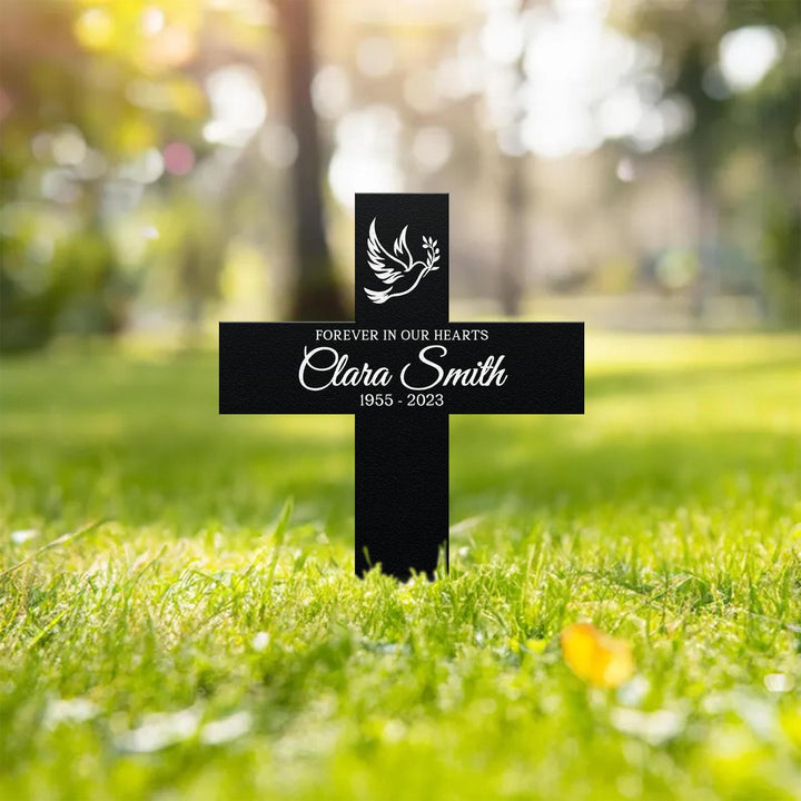 Personalized Memorial Cross Metal, Forever in Our Hearts, Loss of Loved One Condolence Gift, Custom Grave Marker, Custom Memorial Stake