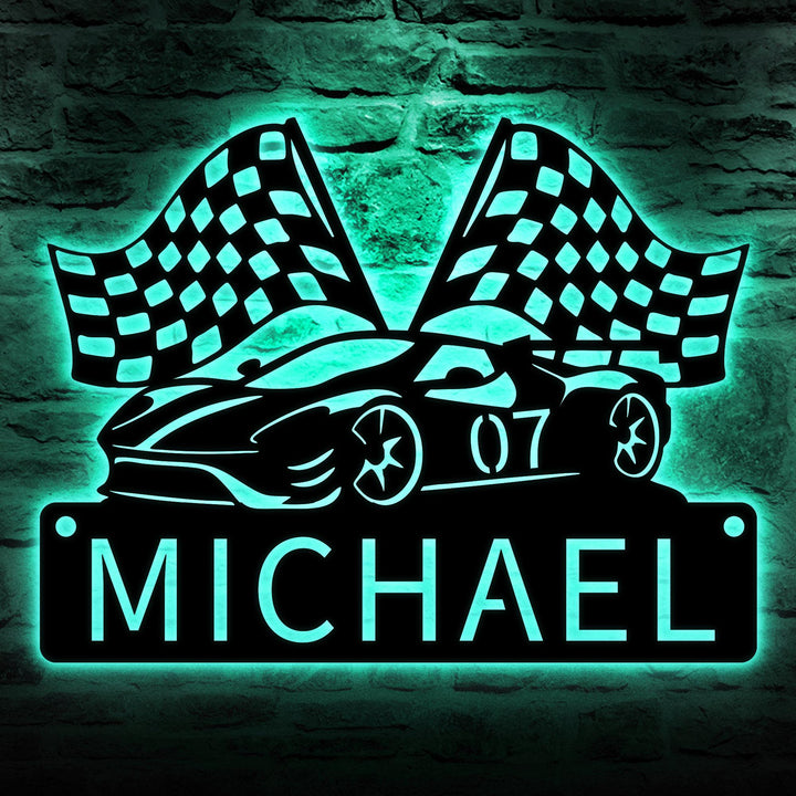 Custom Racing Car Metal Sign with LED lights, Race Car Sign, Sports Sign, Racing Car Metal Wall Art, Gift for Him, Garage sign