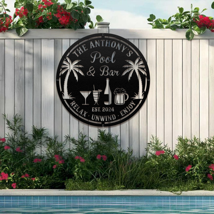 Custom Bar Metal Sign, Pool Bar Sign, Tiki Bar Sign, Personalized Bar Sign, Carved Metal Signs, Palm Tree Sign, Pool Decor, Bar Metal Sign