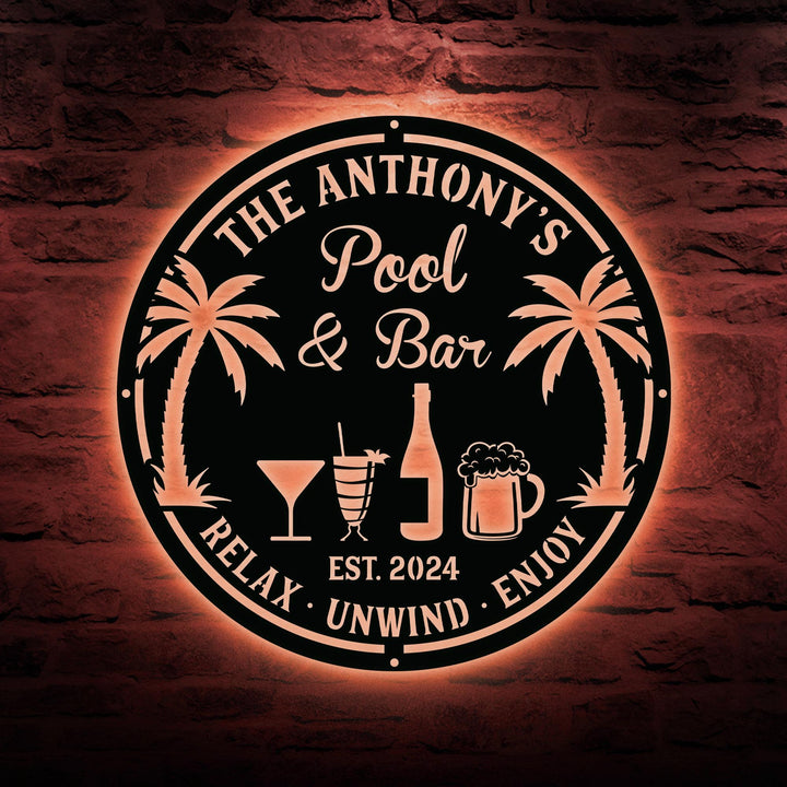 Custom Bar Metal Sign, Pool Bar Sign, Tiki Bar Sign, Personalized Bar Sign, Carved Metal Signs, Palm Tree Sign, Pool Decor, Bar Metal Sign