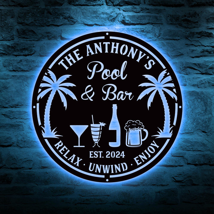 Custom Bar Metal Sign, Pool Bar Sign, Tiki Bar Sign, Personalized Bar Sign, Carved Metal Signs, Palm Tree Sign, Pool Decor, Bar Metal Sign