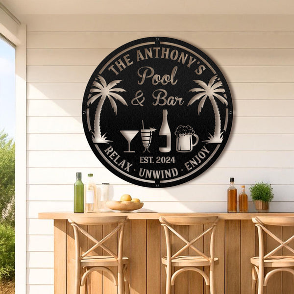 Custom Bar Metal Sign, Pool Bar Sign, Tiki Bar Sign, Personalized Bar Sign, Carved Metal Signs, Palm Tree Sign, Pool Decor, Bar Metal Sign