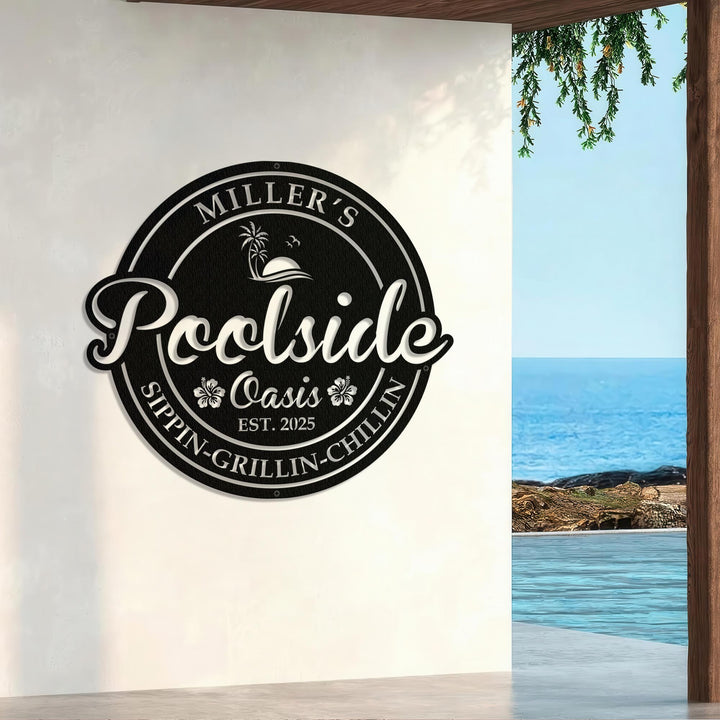 Custom Poolside Oasis Sign, Personalized Poolside Metal Sign, Custom Poolside Sign, Family Bar and Grill Sign Outdoor, Custom Beach Decor