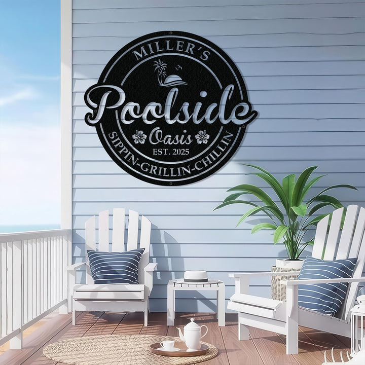 Custom Poolside Oasis Sign, Personalized Poolside Metal Sign, Custom Poolside Sign, Family Bar and Grill Sign Outdoor, Custom Beach Decor