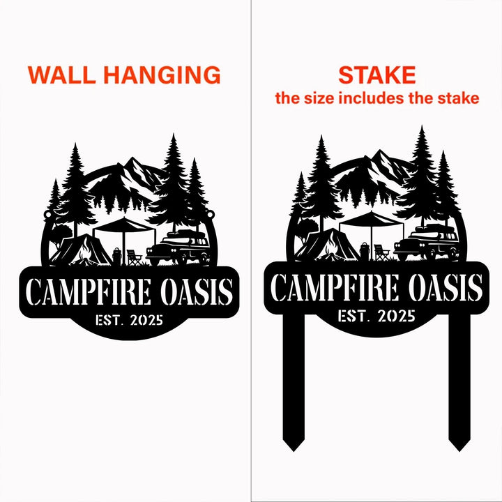 Custom Metal Campfire Sign with Stakes, Personalized Cabin Sign, Camp Decor, Outdoor Life Lovers Gift, Camp Name Sign, Farmhouse Decor, Gift