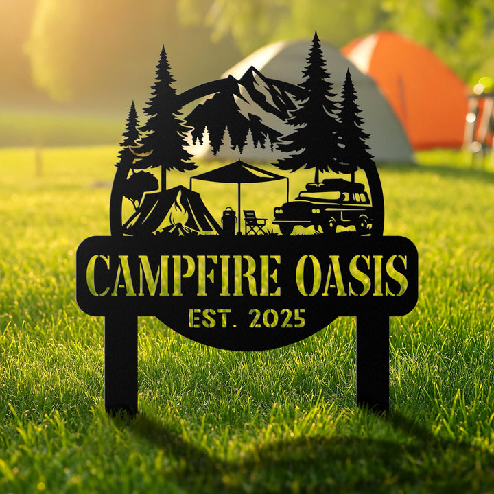 Custom Metal Campfire Sign with Stakes, Personalized Cabin Sign, Camp Decor, Outdoor Life Lovers Gift, Camp Name Sign, Farmhouse Decor, Gift