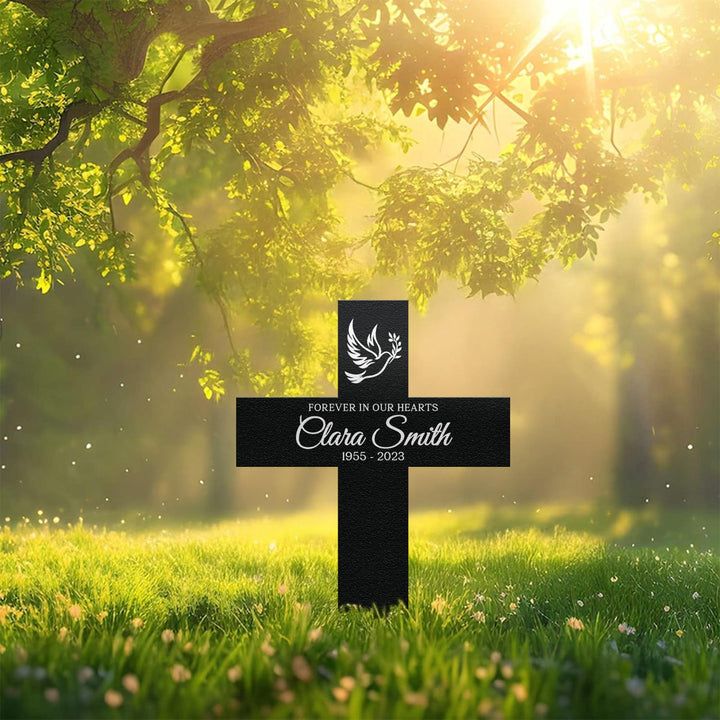 Personalized Memorial Cross Metal, Forever in Our Hearts, Loss of Loved One Condolence Gift, Custom Grave Marker, Custom Memorial Stake