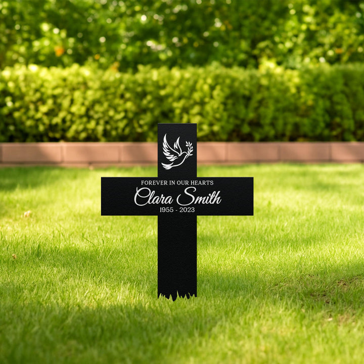 Personalized Memorial Cross Metal, Forever in Our Hearts, Loss of Loved One Condolence Gift, Custom Grave Marker, Custom Memorial Stake