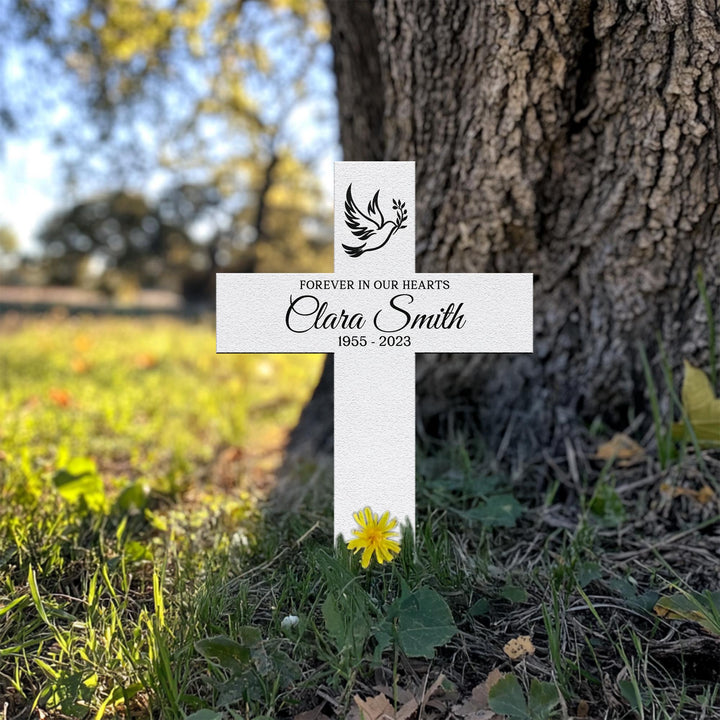 Personalized Memorial Cross Metal, Forever in Our Hearts, Loss of Loved One Condolence Gift, Custom Grave Marker, Custom Memorial Stake