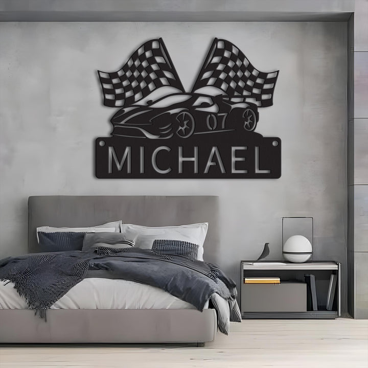 Custom Racing Car Metal Sign with LED lights, Race Car Sign, Sports Sign, Racing Car Metal Wall Art, Gift for Him, Garage sign