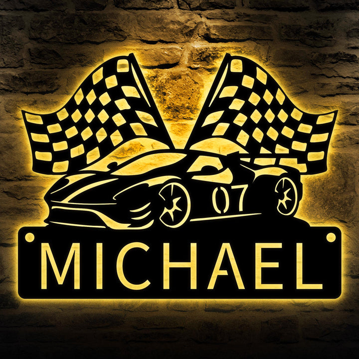 Custom Racing Car Metal Sign with LED lights, Race Car Sign, Sports Sign, Racing Car Metal Wall Art, Gift for Him, Garage sign