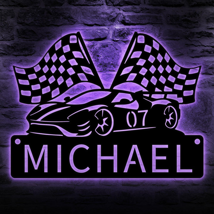 Custom Racing Car Metal Sign with LED lights, Race Car Sign, Sports Sign, Racing Car Metal Wall Art, Gift for Him, Garage sign