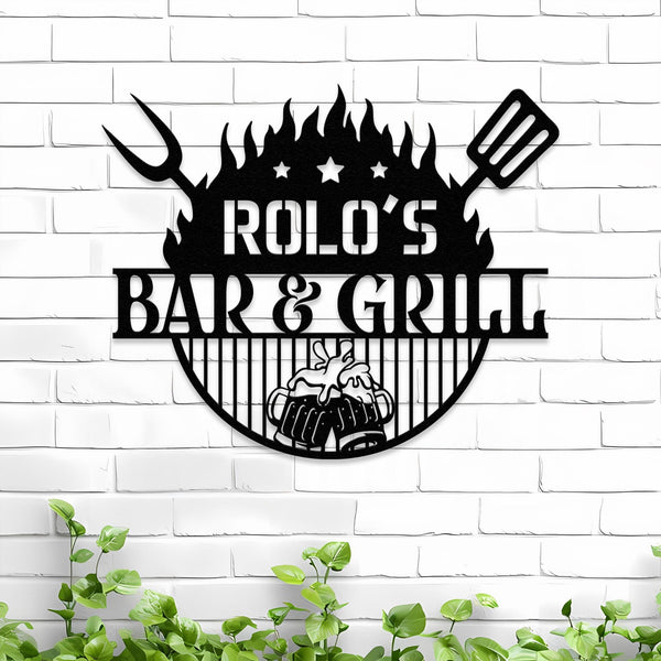 Custom Beer Bar and Grill Metal Wall Art, Personalized Backyard BBQ Name Sign Home Decor Barbecue Decoration Patio Housewarming, Dad Gifts