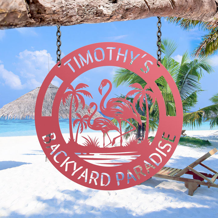 Personalized Flamingo Tropical Sign, Flamingo Backyard Paradise Sign, Custom Tropical Metal Decor,Tropical Flamingo Yard Sign,Flamingo decor