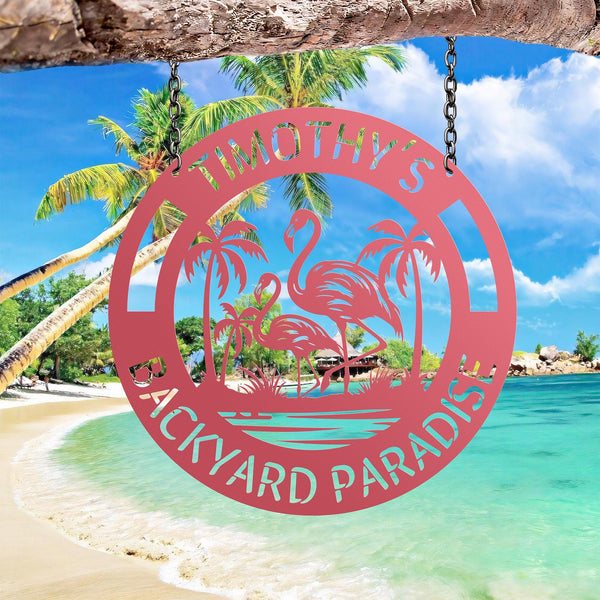 Personalized Flamingo Tropical Sign, Flamingo Backyard Paradise Sign, Custom Tropical Metal Decor,Tropical Flamingo Yard Sign,Flamingo decor