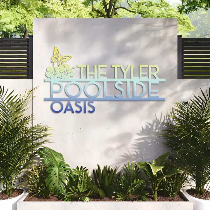 Personalized Palm Tree Oasis Sign Metal Wall Art | Outdoor Patio Decor | Poolside | Butterfly Decor | Tropical Home Decor | Housewarming