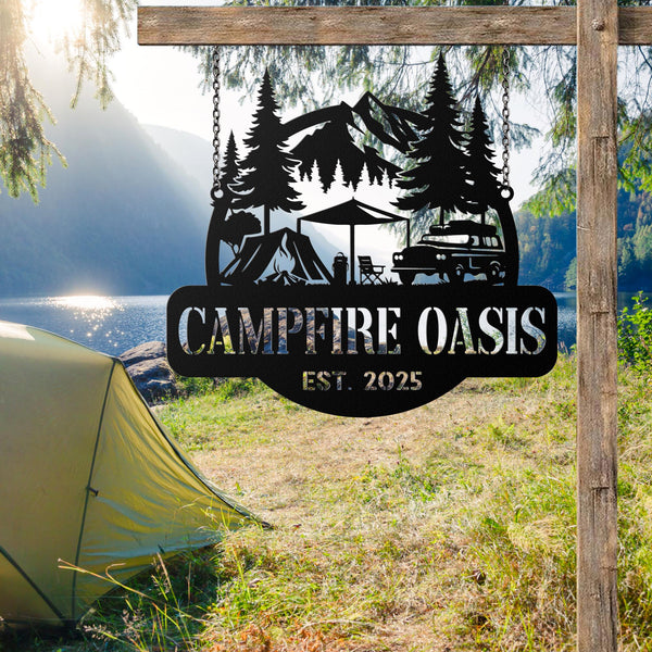 Custom Metal Campfire Sign with Stakes, Personalized Cabin Sign, Camp Decor, Outdoor Life Lovers Gift, Camp Name Sign, Farmhouse Decor, Gift