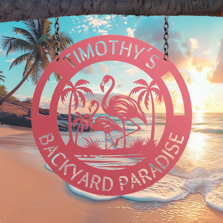 Personalized Flamingo Tropical Sign, Flamingo Backyard Paradise Sign, Custom Tropical Metal Decor,Tropical Flamingo Yard Sign,Flamingo decor