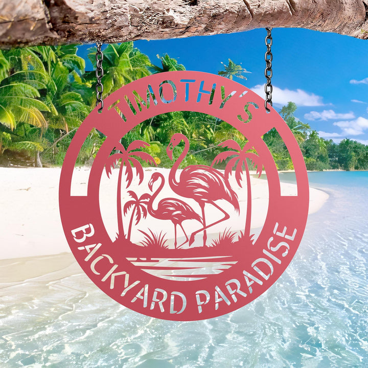 Personalized Flamingo Tropical Sign, Flamingo Backyard Paradise Sign, Custom Tropical Metal Decor,Tropical Flamingo Yard Sign,Flamingo decor