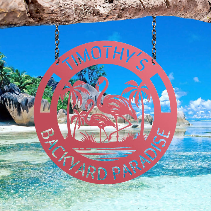 Personalized Flamingo Tropical Sign, Flamingo Backyard Paradise Sign, Custom Tropical Metal Decor,Tropical Flamingo Yard Sign,Flamingo decor