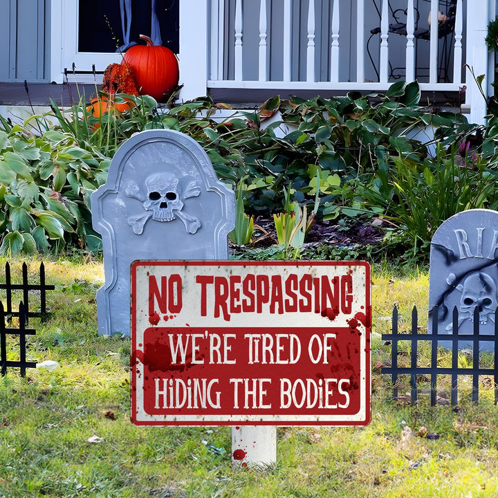 Funny No Trespassing Halloween Sign, Scary Yard Warning Decoration, Spooky Outdoor Metal Plaque, Haunted House and Graveyard Decor