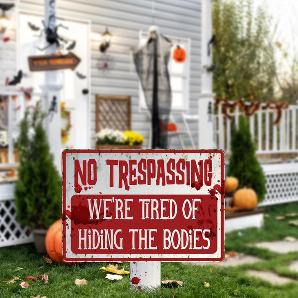Funny No Trespassing Halloween Sign, Scary Yard Warning Decoration, Spooky Outdoor Metal Plaque, Haunted House and Graveyard Decor