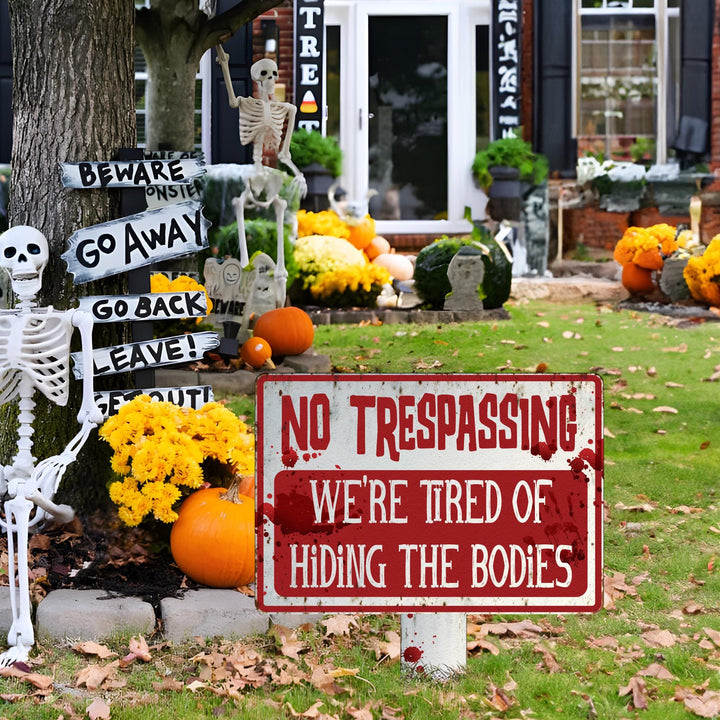Funny No Trespassing Halloween Sign, Scary Yard Warning Decoration, Spooky Outdoor Metal Plaque, Haunted House and Graveyard Decor