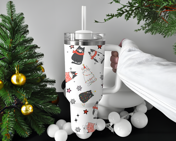 Meowy Christmas Tumbler 40oz , Holiday Tumbler, 40oz Stainless Steel Tumbler With Hand, Christmas Gift For Cat Mom Gifts For Cat Lover