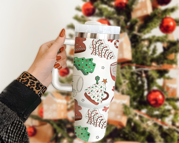 Christmas Tree Cake Tumbler 40oz, Retro Christmas Tree Tumbler, Stainless Steel Tumbler With Lid n Straw, Christmas Cute Tumbler