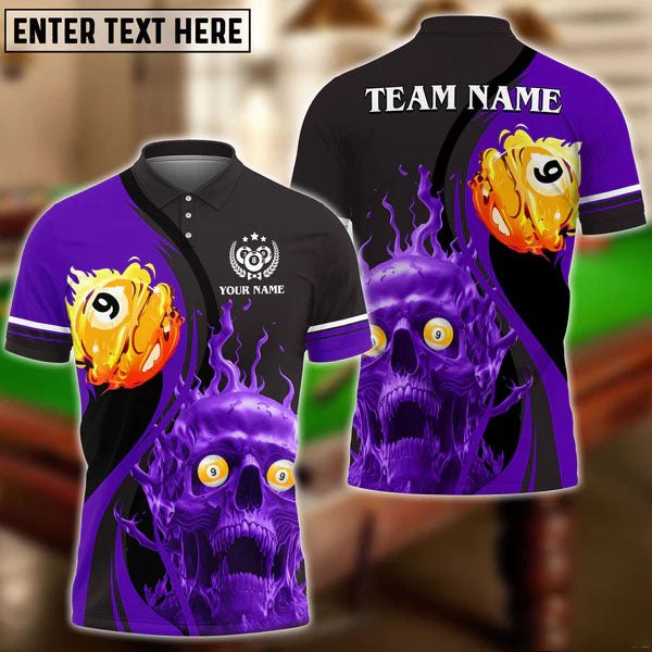 Maxcorners Billiards Skull Fire Personalized Name Polo Shirt (4 Color Options)