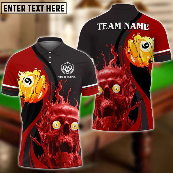 Maxcorners Billiards Skull Fire Personalized Name Polo Shirt (4 Color Options)