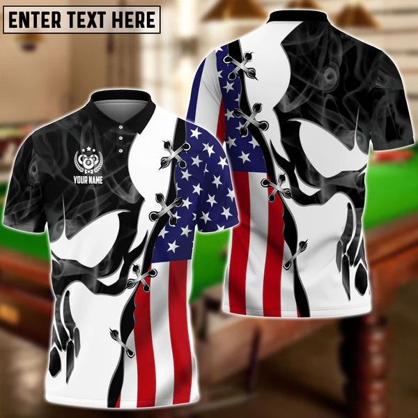 Maxcorners Billiards Skull USA Flag Personalized Name 3D Shirt