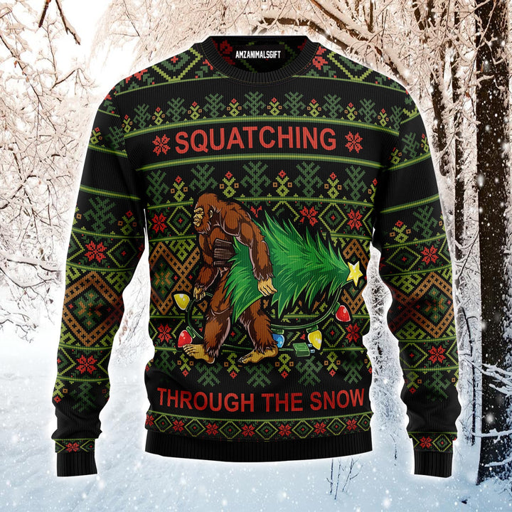 Bigfoot Snow Ugly Christmas Sweater, Christmas Tree Squatching Through The Snow Ugly Sweater For Men & Women - Best Gift For Christmas, Friends