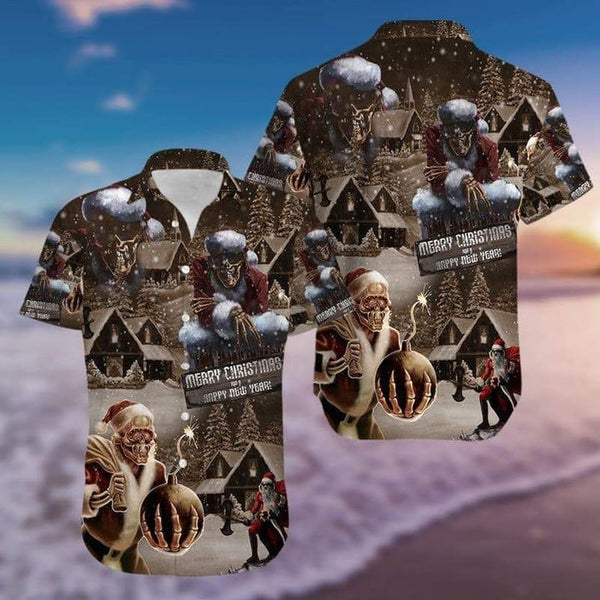 Skull Santa Claus Merry Christmas And Happy New Year Hawaiian Shirt | HW3413