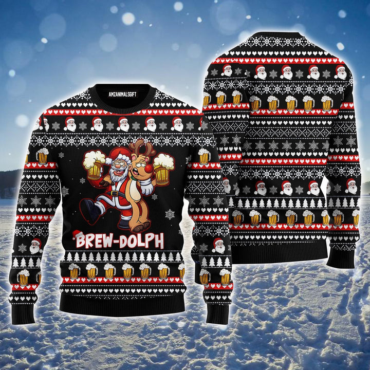 Brewdolph Reindeer Ugly Sweater, Christmas Ugly Sweater, Santa Drink Beer Ugly Sweater For Men & Women - Perfect Gift For Christmas, Family, Friends